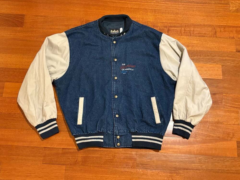 VTG Auburn Sportswear Chevrolet The Heartbeat of USA Denim Varsity Jacket Sz XL